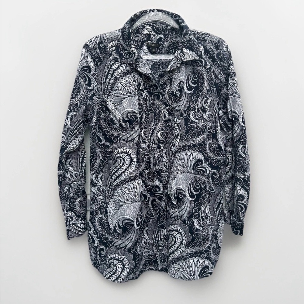 Talbots Paisley Top Button Down Navy Blue 100% Cotton Pleated Tunic Women Sz Lp